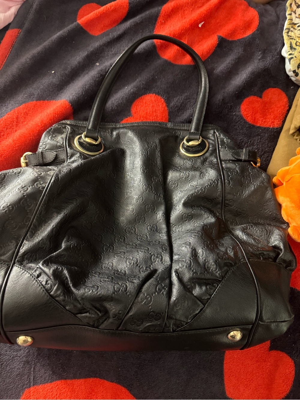 Black Embossed Leather Tote Bag with Gold Hardware